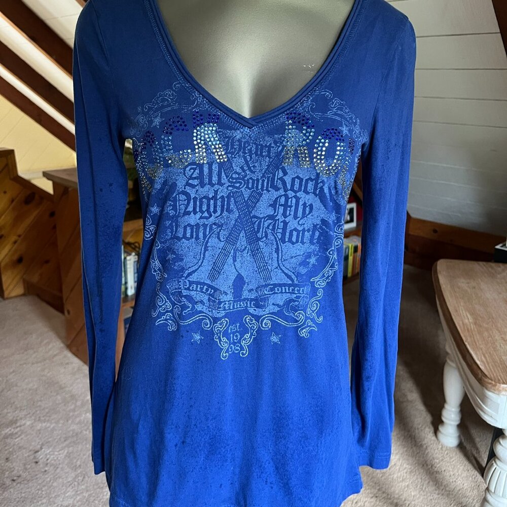 M - EDC by Esprit Rock & Roll Rhinestone Long Sleeve Graphic Tee